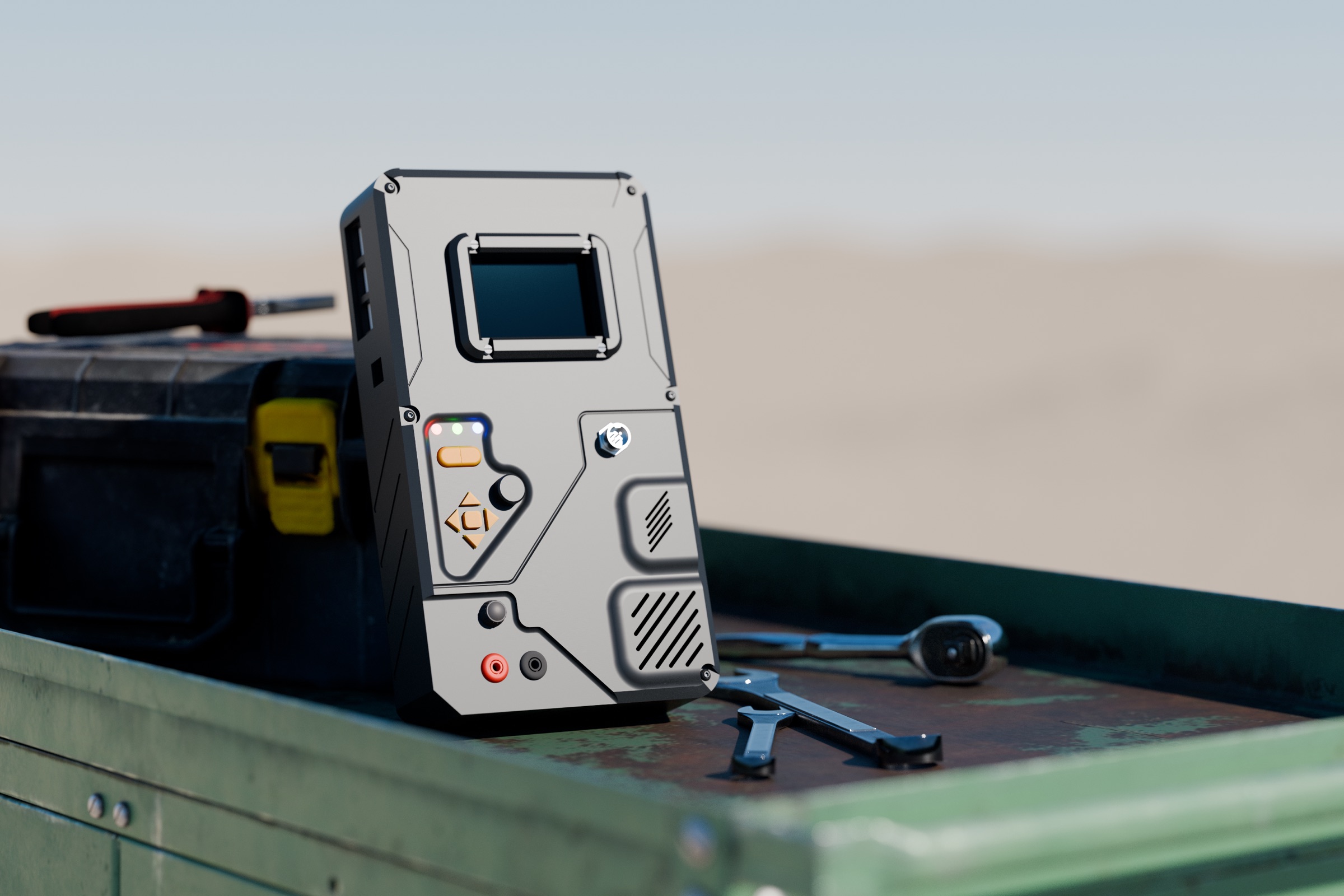 Artemis Nomad on a truck bed beside tools in the desert