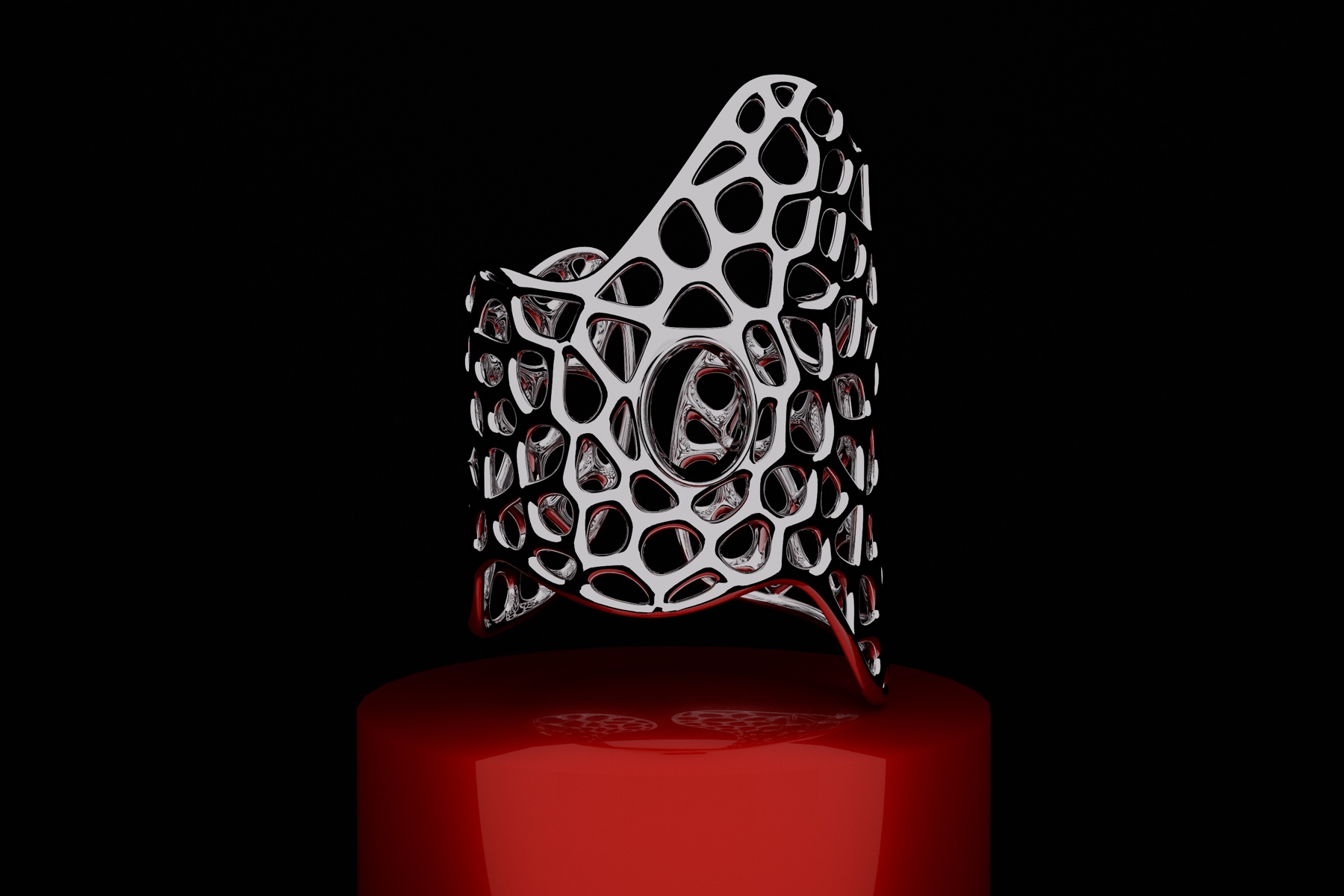 Catena ring, chrome Voronoi structure on a red pedestal