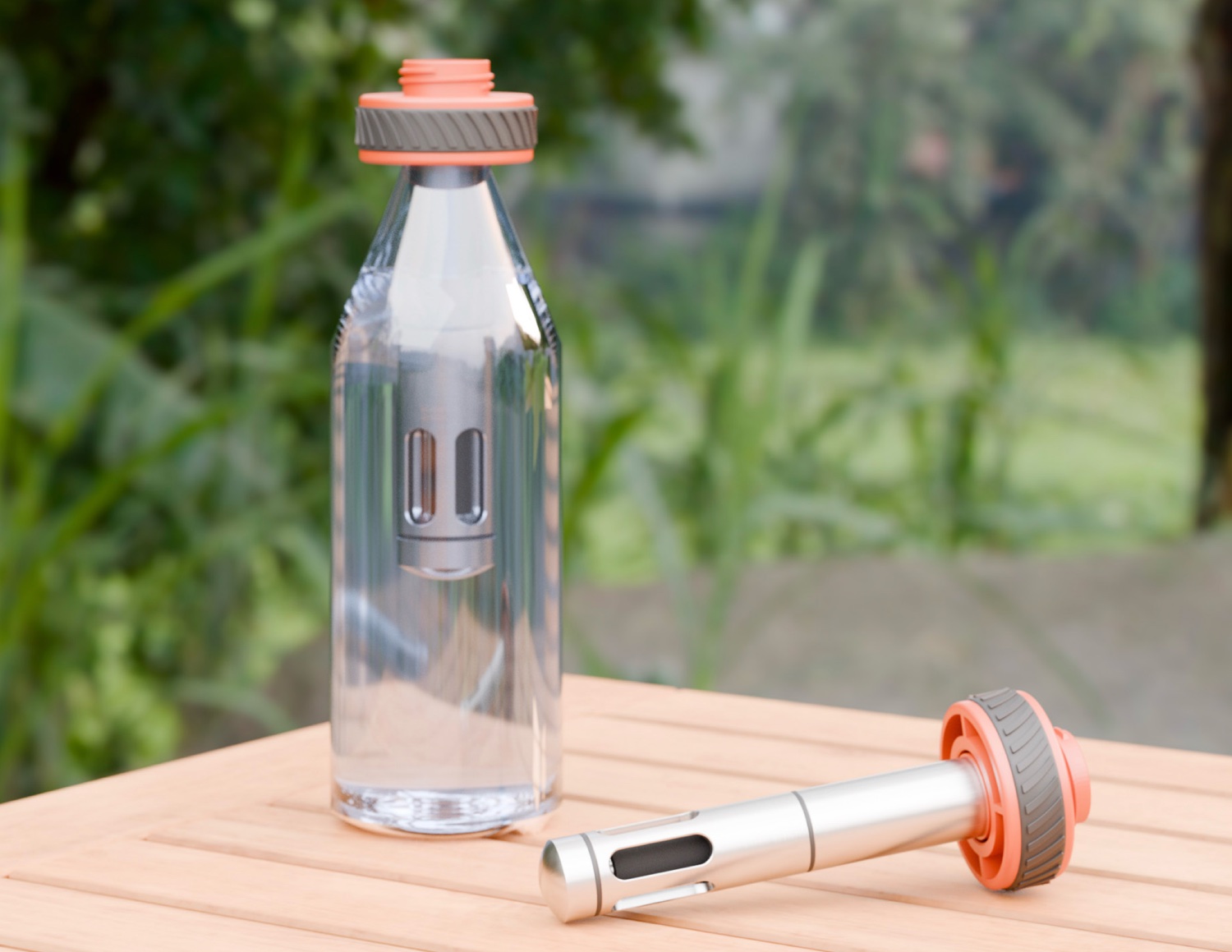 FILTRA in-bottle water filter on a table outdoors