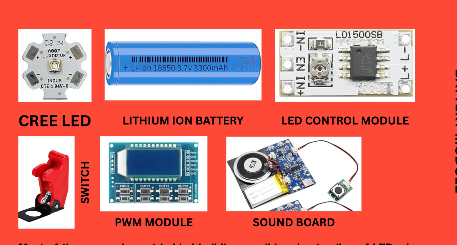 Specimen electronics: CREE LED, lithium-ion battery, LED control module, PWM module, sound board